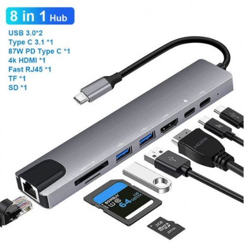 (8in1) USB 3.1 Type-C/USB-C, 8 In 1 Hub With HDMI, Lan, Card Reader, USB and Type C Port – Generic – USB 3.1 (Type C) Adapter