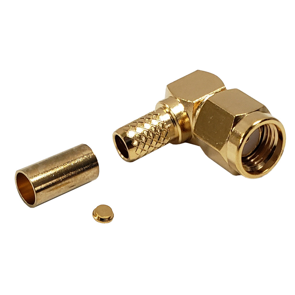 SMA Reverse Polarity Male Right Angle Crimp Connector for RG58 (LMR-195) 50 Ohm - Gold – Generic – RF Connectors