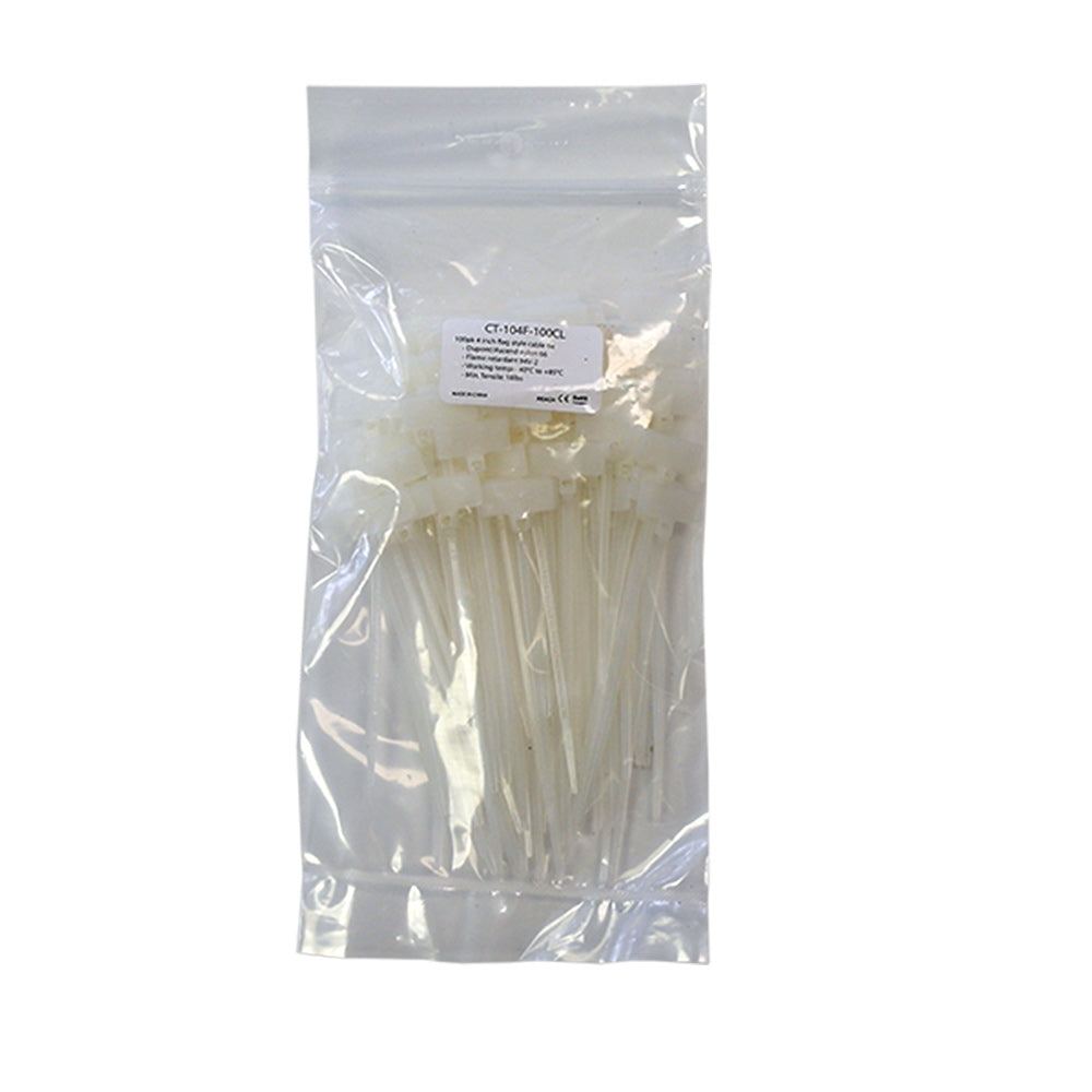 4 inch Flag Style Cable Tie (18lb) - UL94 V-2 Nylon 66 - Clear - Pack of 100 – Generic – Nylon Cable Ties & Mounts (photo 2)
