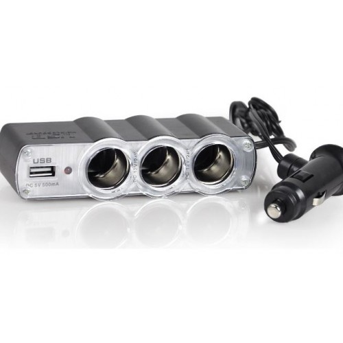 In-Car Triple Socket & USB Adapter with Switch – Generic – Cell & Tablet Charger