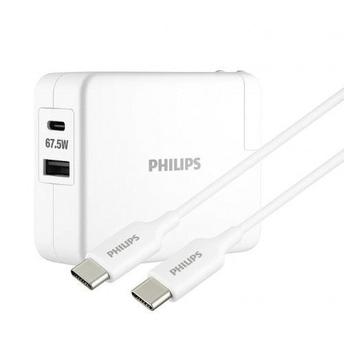 Philips Dual Port 67.5W USB-C & USB-A wall charging Kit, w/GaN Charging, USB-C 60W + USB-A 7.5W w/ 6' C Braided Cable – Cell & Tablet Charger (photo 2)