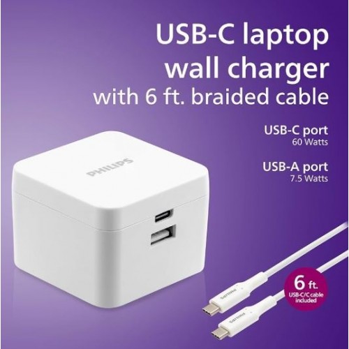 Philips Dual Port 67.5W USB-C & USB-A wall charging Kit, w/GaN Charging, USB-C 60W + USB-A 7.5W w/ 6' C Braided Cable – Cell & Tablet Charger (photo 3)