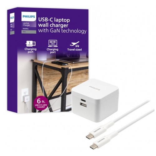 Philips Dual Port 67.5W USB-C & USB-A wall charging Kit, w/GaN Charging, USB-C 60W + USB-A 7.5W w/ 6' C Braided Cable – Cell & Tablet Charger