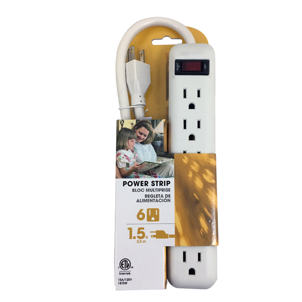 6 Outlet Power Strip - 1.5ft Cord, Straight Plug - White – Generic – Power Strips & Surge Protectors (photo 2)