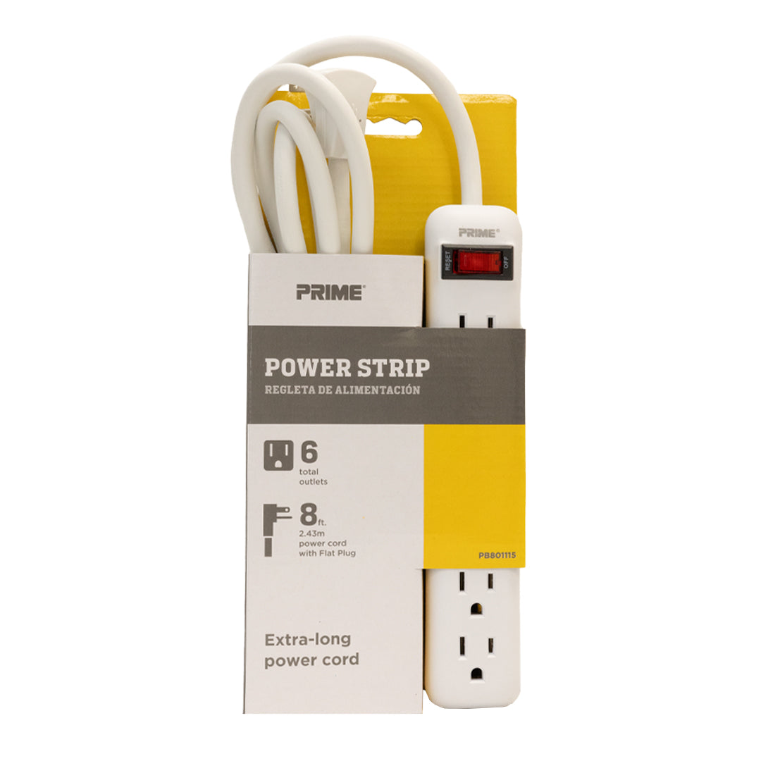 6 Outlet Power Strip - 8ft Cord, Down Angle Plug - White – Generic – Power Strips & Surge Protectors (photo 2)