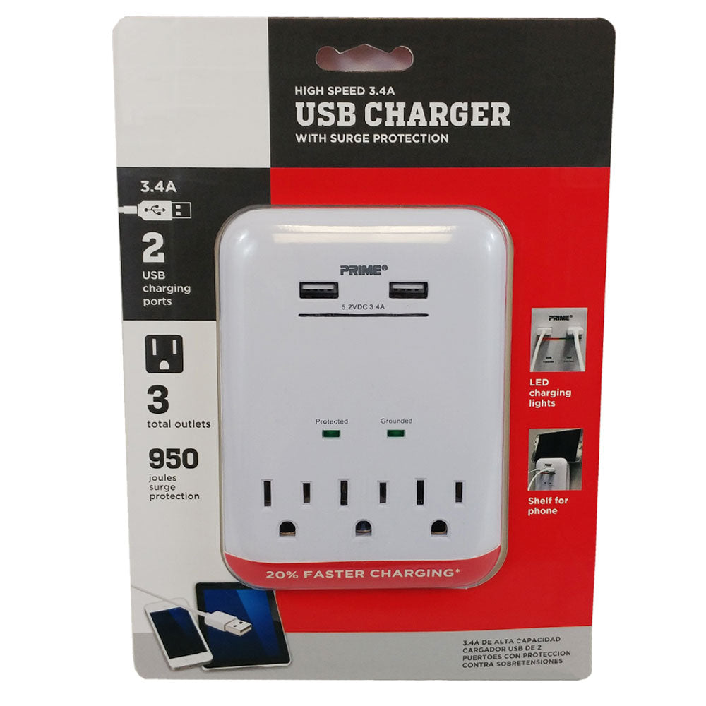 3 Outlet Power Tap - 950J Surge Protection, 2 Fast Charge USB Ports - White – Generic – Power Strips & Surge Protectors (photo 2)