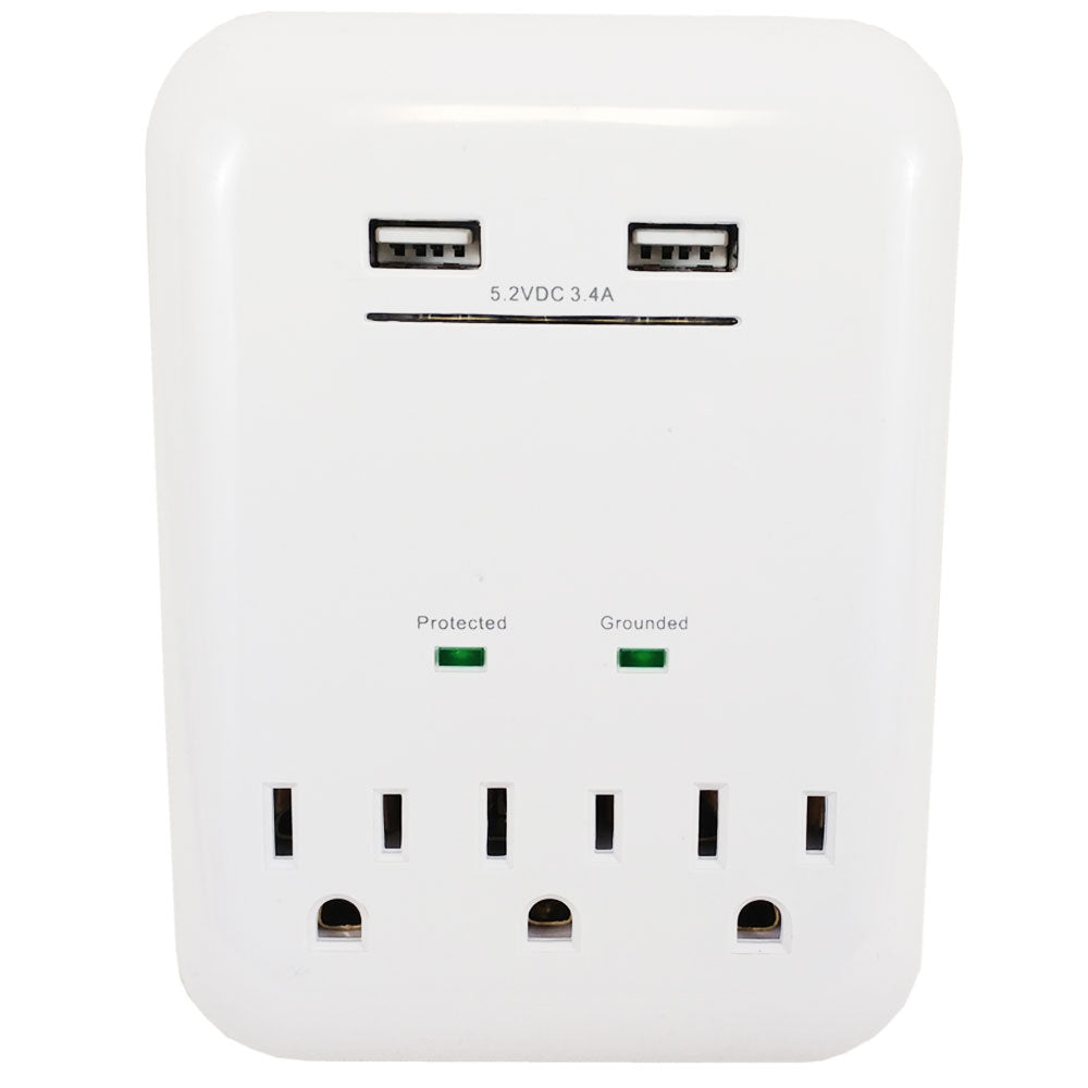 3 Outlet Power Tap - 950J Surge Protection, 2 Fast Charge USB Ports - White – Generic – Power Strips & Surge Protectors