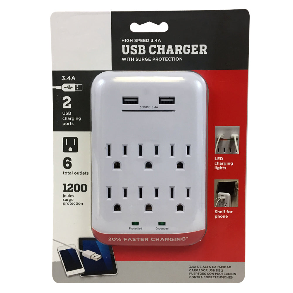 6 Outlet Power Tap - 1200J Surge protection, 2 Fast Charge USB Port - White – Generic – Power Strips & Surge Protectors (photo 2)