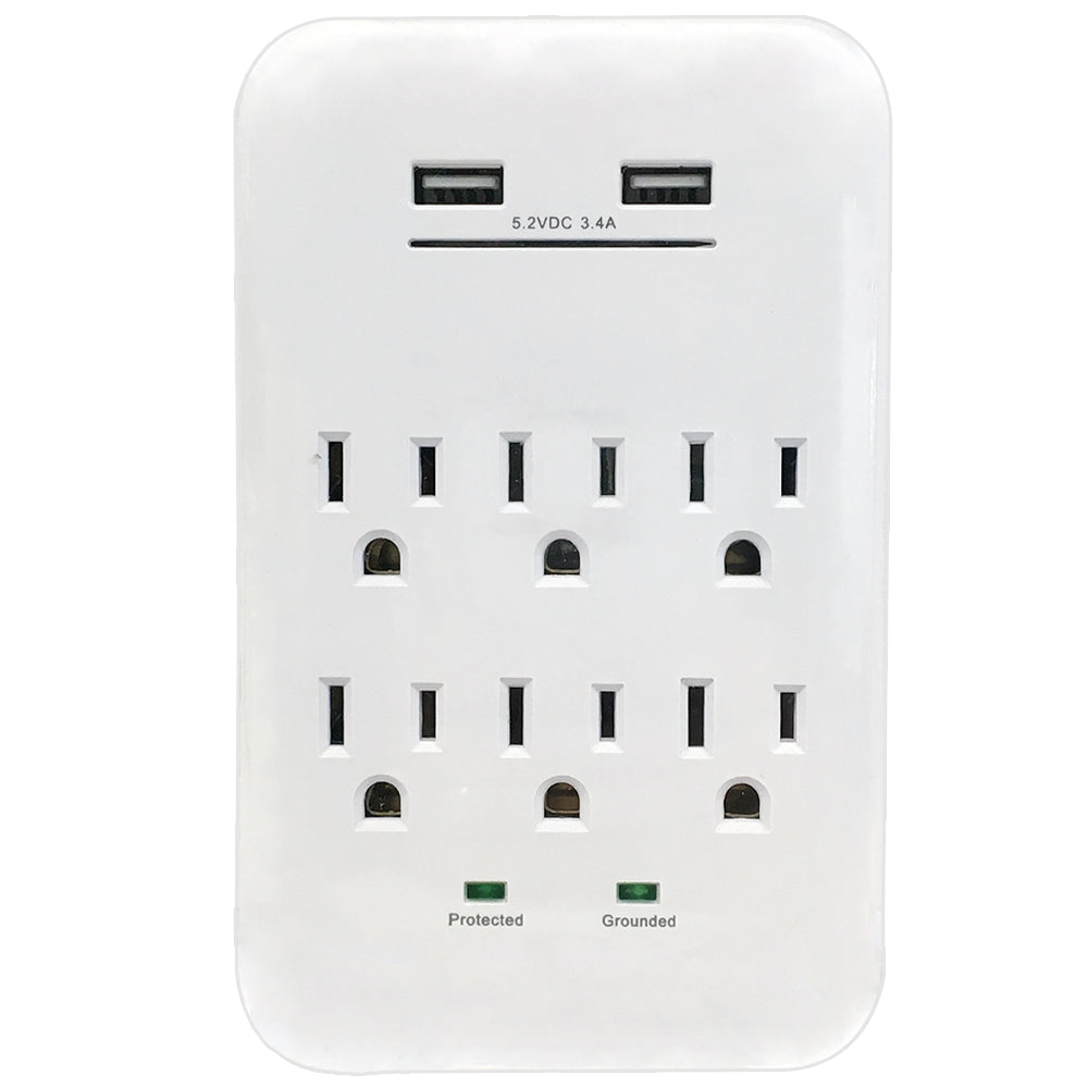 6 Outlet Power Tap - 1200J Surge protection, 2 Fast Charge USB Port - White – Generic