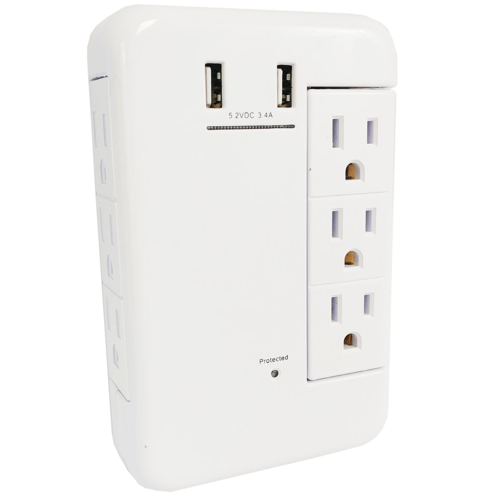 6 Outlet Swivel Power Tap - 1200J Surge Protection, 2 Fast Charge USB Ports - White – Generic – Power Strips & Surge Protectors