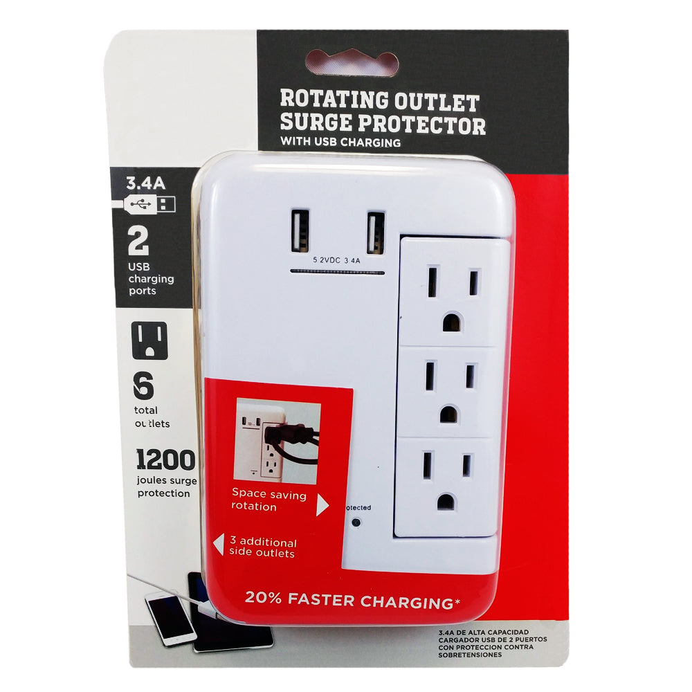 6 Outlet Swivel Power Tap - 1200J Surge Protection, 2 Fast Charge USB Ports - White – Generic – Power Strips & Surge Protectors (photo 2)