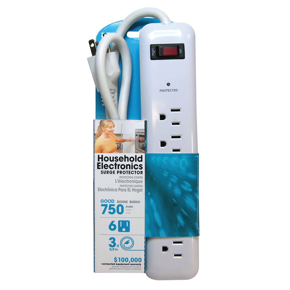 6 outlet Surge Protector - 750J, 3ft Cord - White – Generic – Power Strips & Surge Protectors (photo 2)