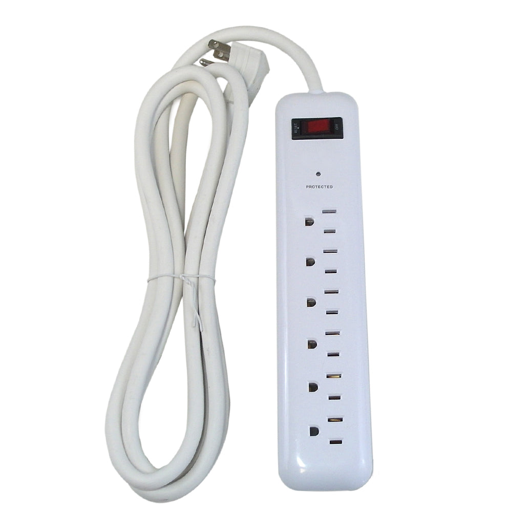 6 outlet Surge Protector - 1000J, 8ft Cord, Down Angle Plug - White – Generic