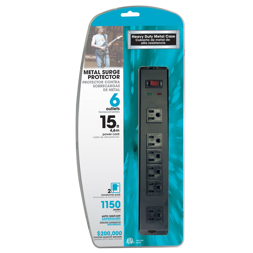 6 outlet Surge Protector - 1150J, 15ft Cord, Down Angle Plug - Black – Generic – Power Strips & Surge Protectors (photo 2)