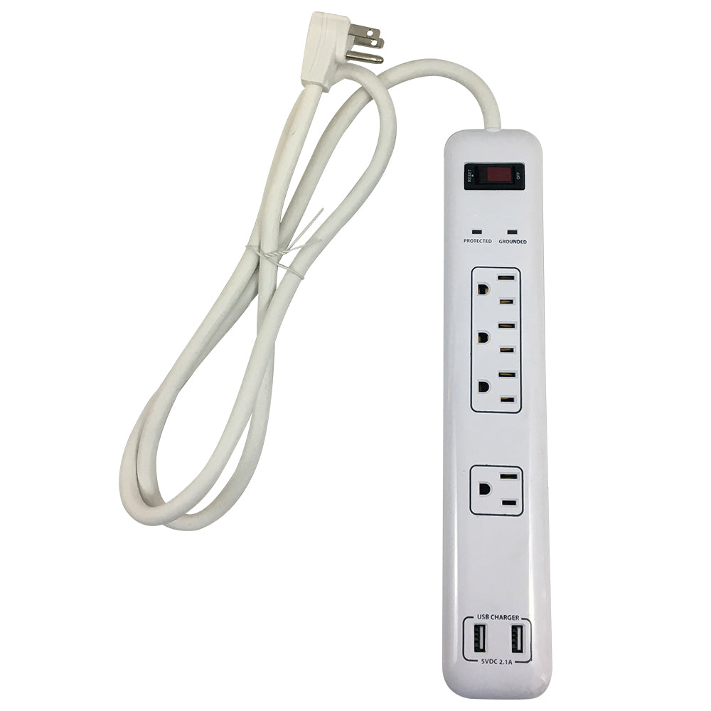 4 Outlet Surge Protector - 1200J, 4ft Cord, Down Angle Plug, 2 USB Charging Ports - White – Generic