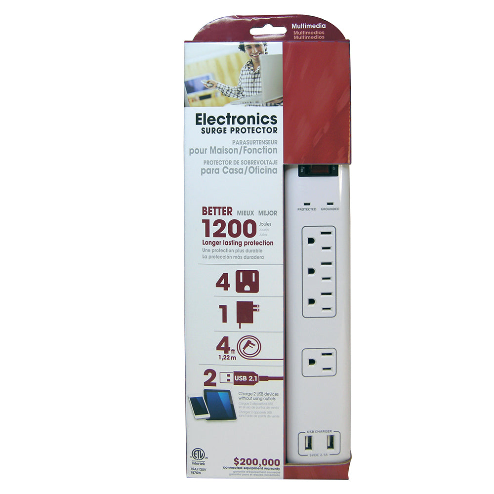 4 Outlet Surge Protector - 1200J, 4ft Cord, Down Angle Plug, 2 USB Charging Ports - White – Generic – Power Strips & Surge Protectors (photo 2)
