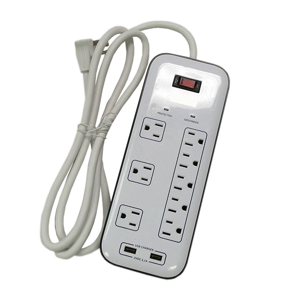 8 Outlet Surge Protector - 2400J, 6ft Cord, Down Angle Plug, 2 USB Charging Ports - White – Generic