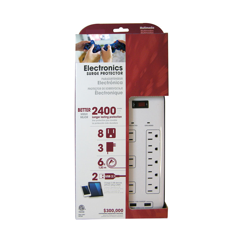 8 Outlet Surge Protector - 2400J, 6ft Cord, Down Angle Plug, 2 USB Charging Ports - White – Generic – Power Strips & Surge Protectors (photo 2)