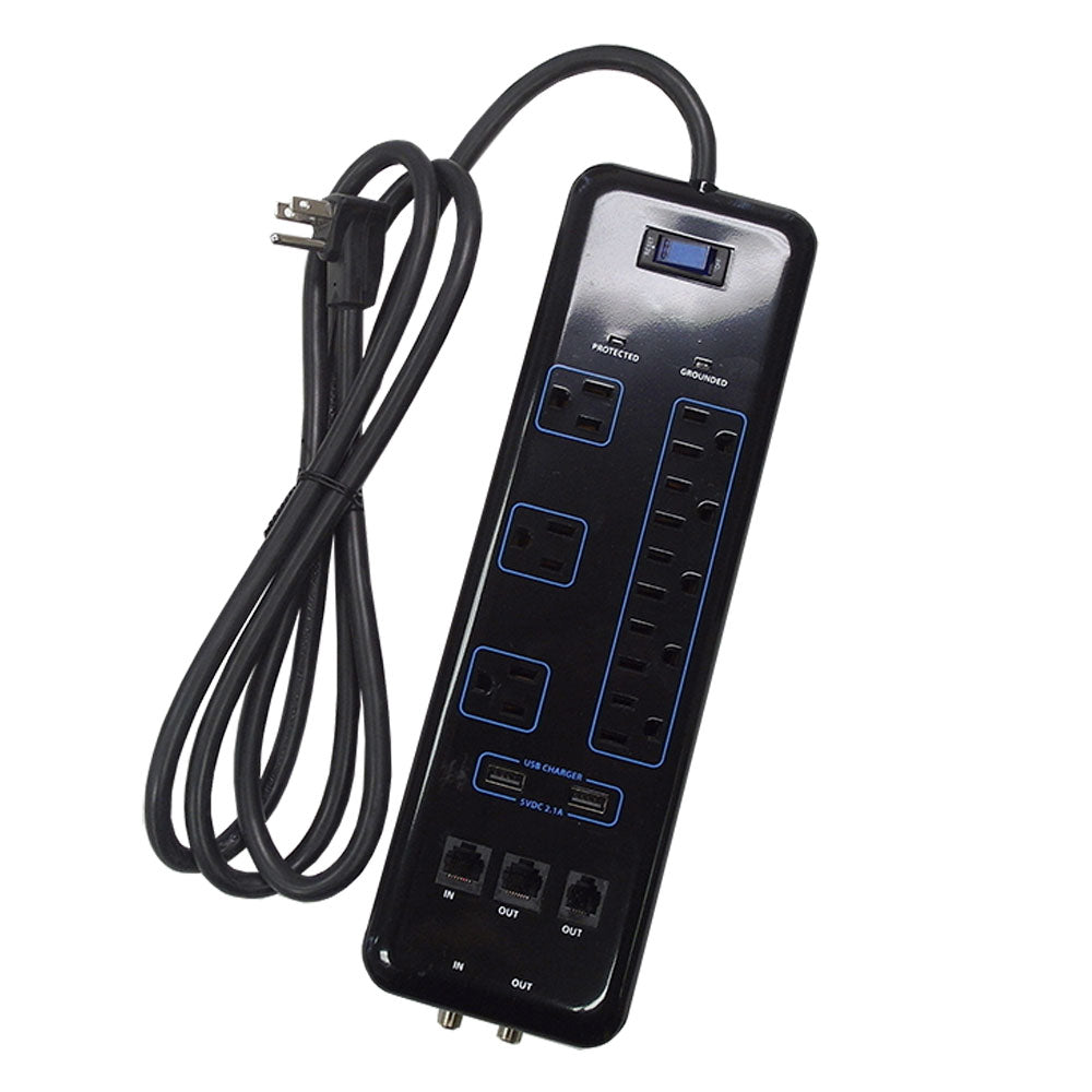 8 Outlet Surge Protector - 3600J, 6ft cord, Down Angle Plug, 2 USB Charging Ports, CATV/Phone/DSL Protection - Black – Generic