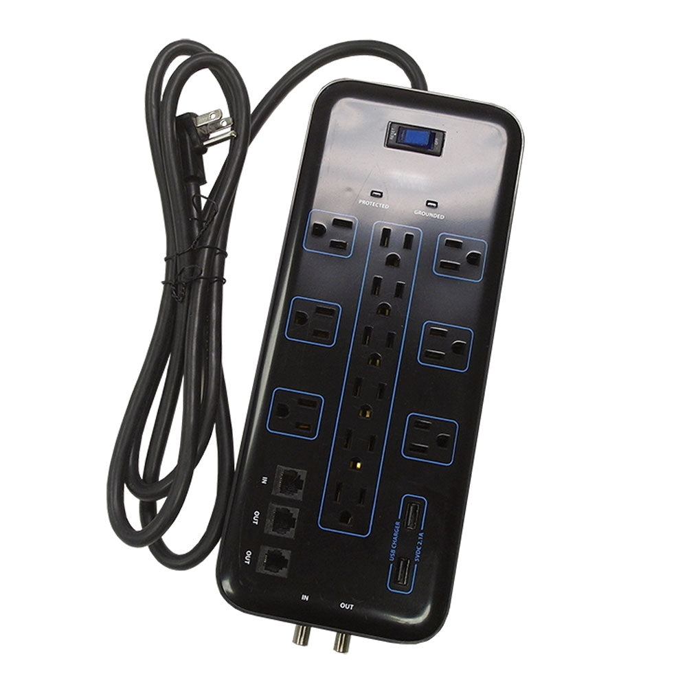 12 Outlet Surge Protector - 4200J, 6ft cord, Down Angle Plug, 2 USB Charging Ports, CATV/Phone/DSL Protection - Black – Generic