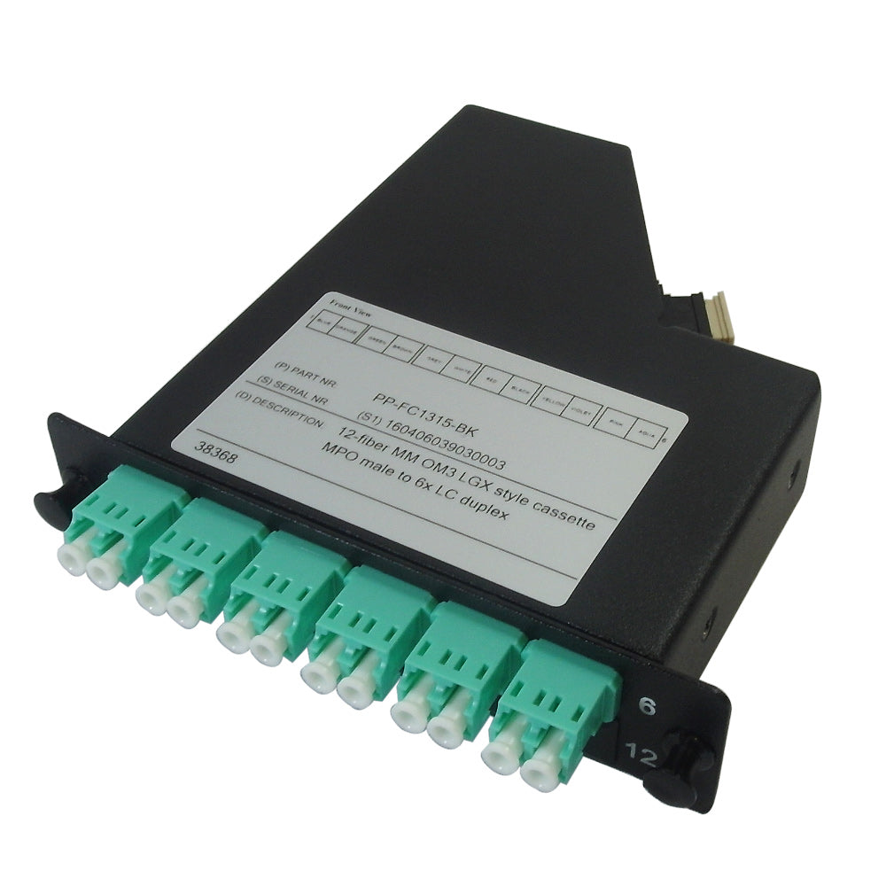 12-Fiber Multimode OM3 LGX Style Cassette MPO Male to 6x LC Duplex – Generic – LGX Fiber Optic Patch Panels, Cassettes & Enclosures