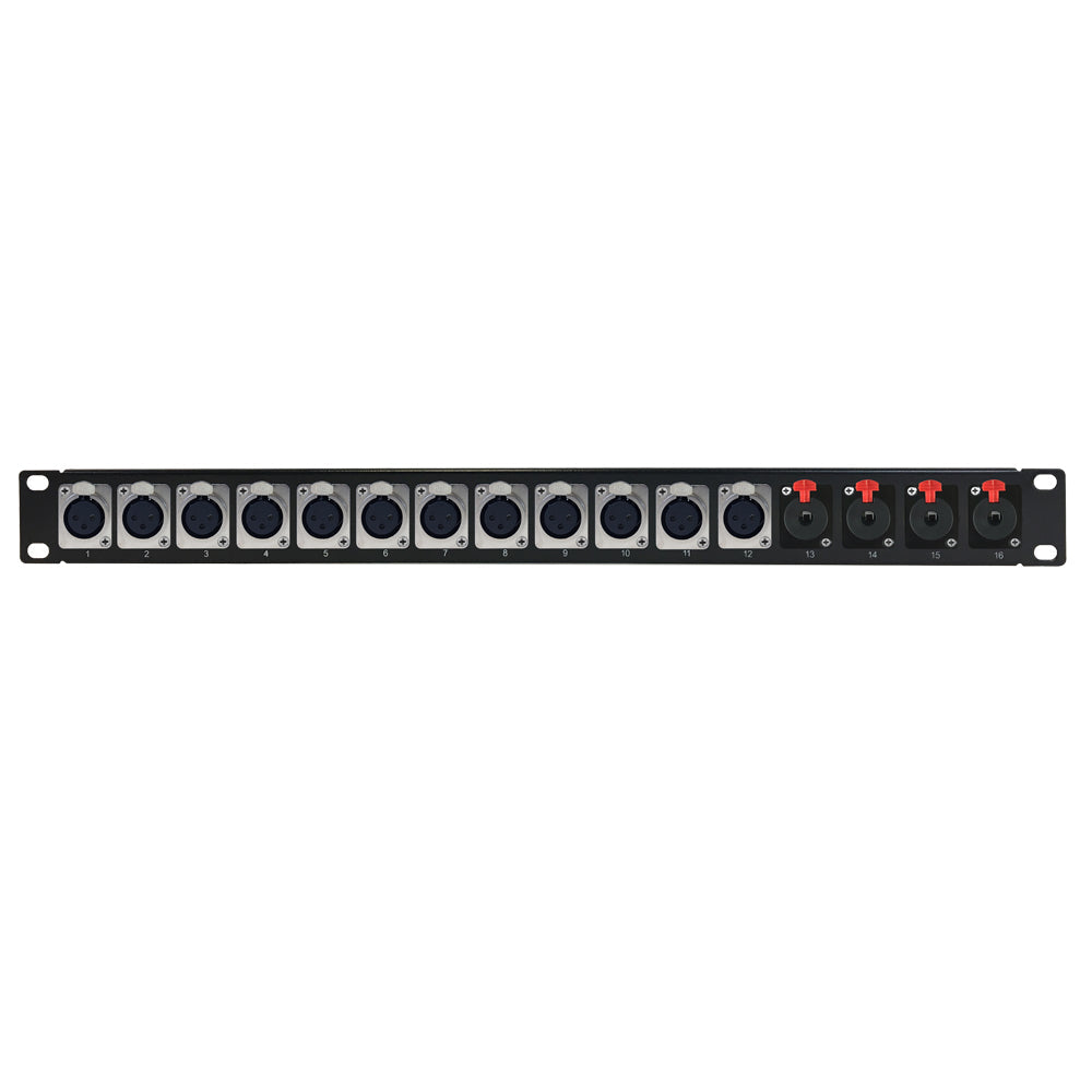 12-Port XLR Female + 4-port TRS Female patch panel, 19 inch rackmount 1U – Generic