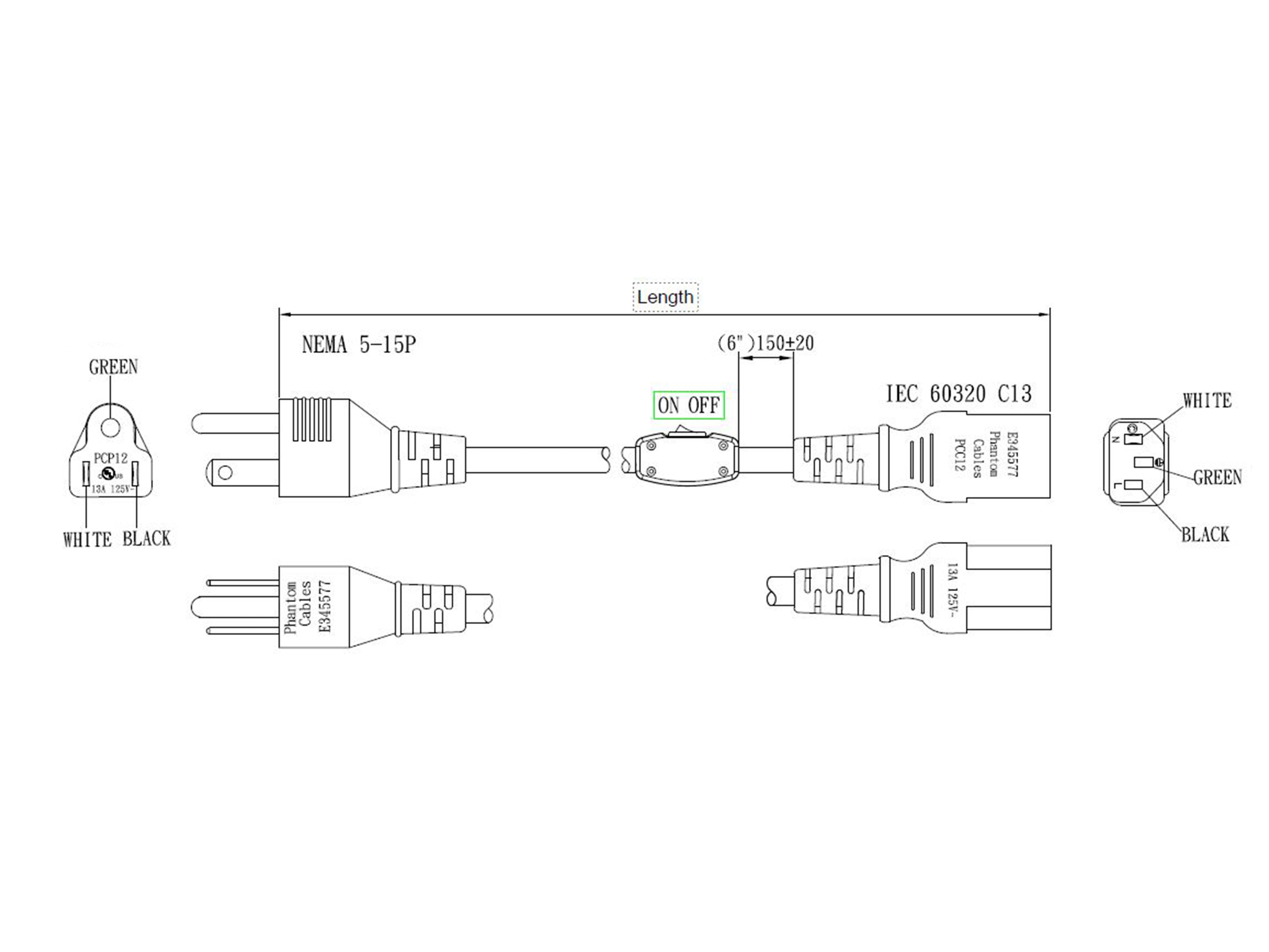 NEMA 5-15P to IEC C13 Power Cable with ON/OFF Switch - 16AWG - SJT Jacket – Generic – AC Power Cords (photo 3)