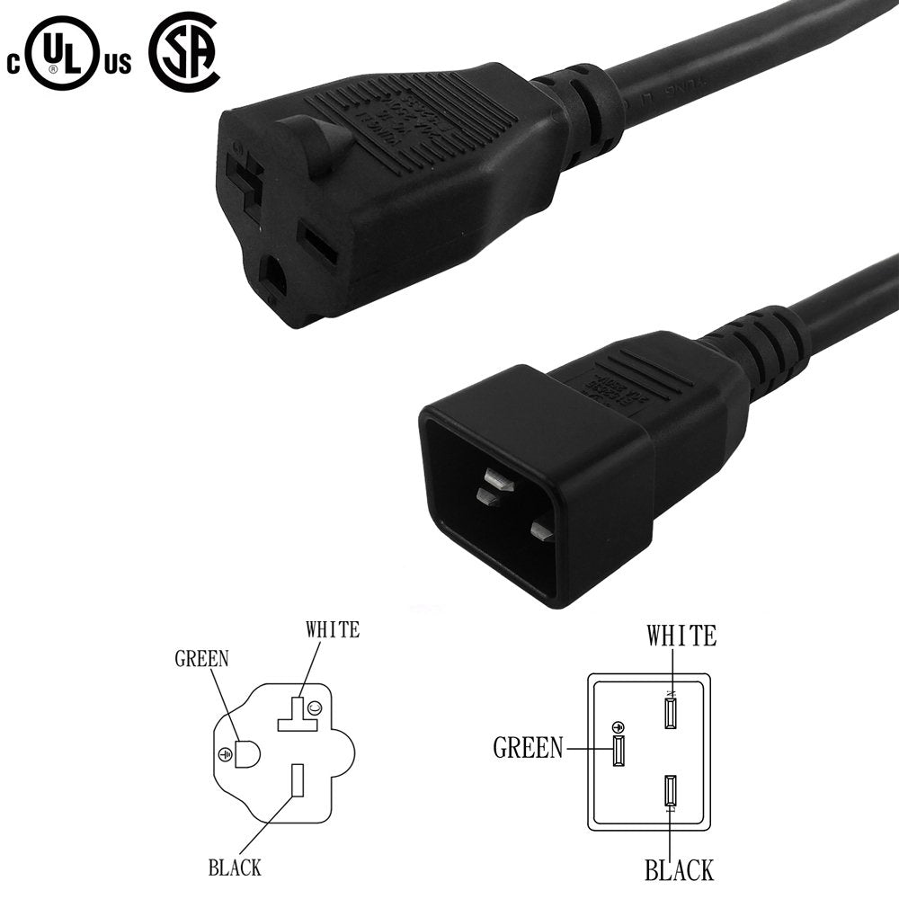 1ft IEC C20 to NEMA 6-15/20R Power Cable - 12AWG - SJT Jacket – Generic – AC Power Cords (photo 2)