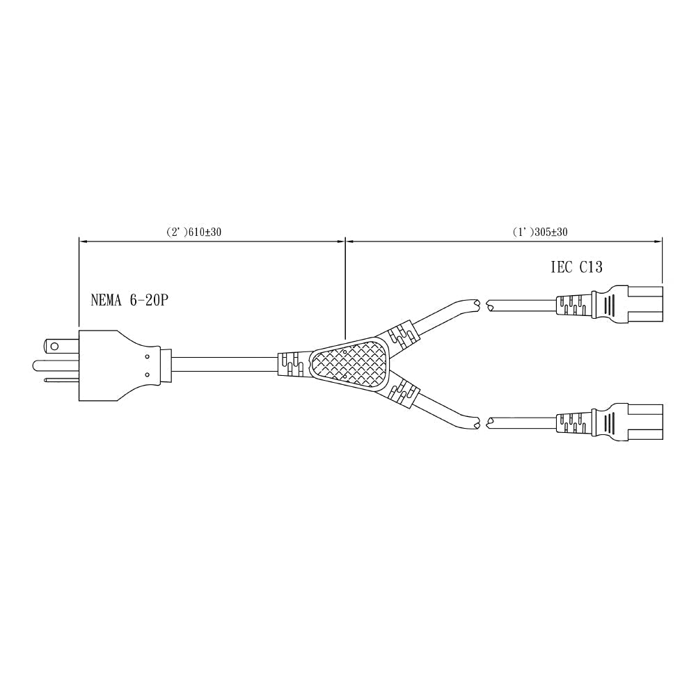 3ft NEMA 6-20P to 2x IEC C13 Power Splitter Cable - 14AWG (15A 250V) - SJT – Generic – Splitter Power Cords (photo 2)