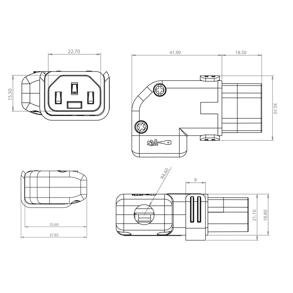 C13 Locking Power Cord Connector - Screw On - Right or Left Angle (IEC-Lock Part #: PA130100RBK) – Generic – Power Connectors (photo 2)