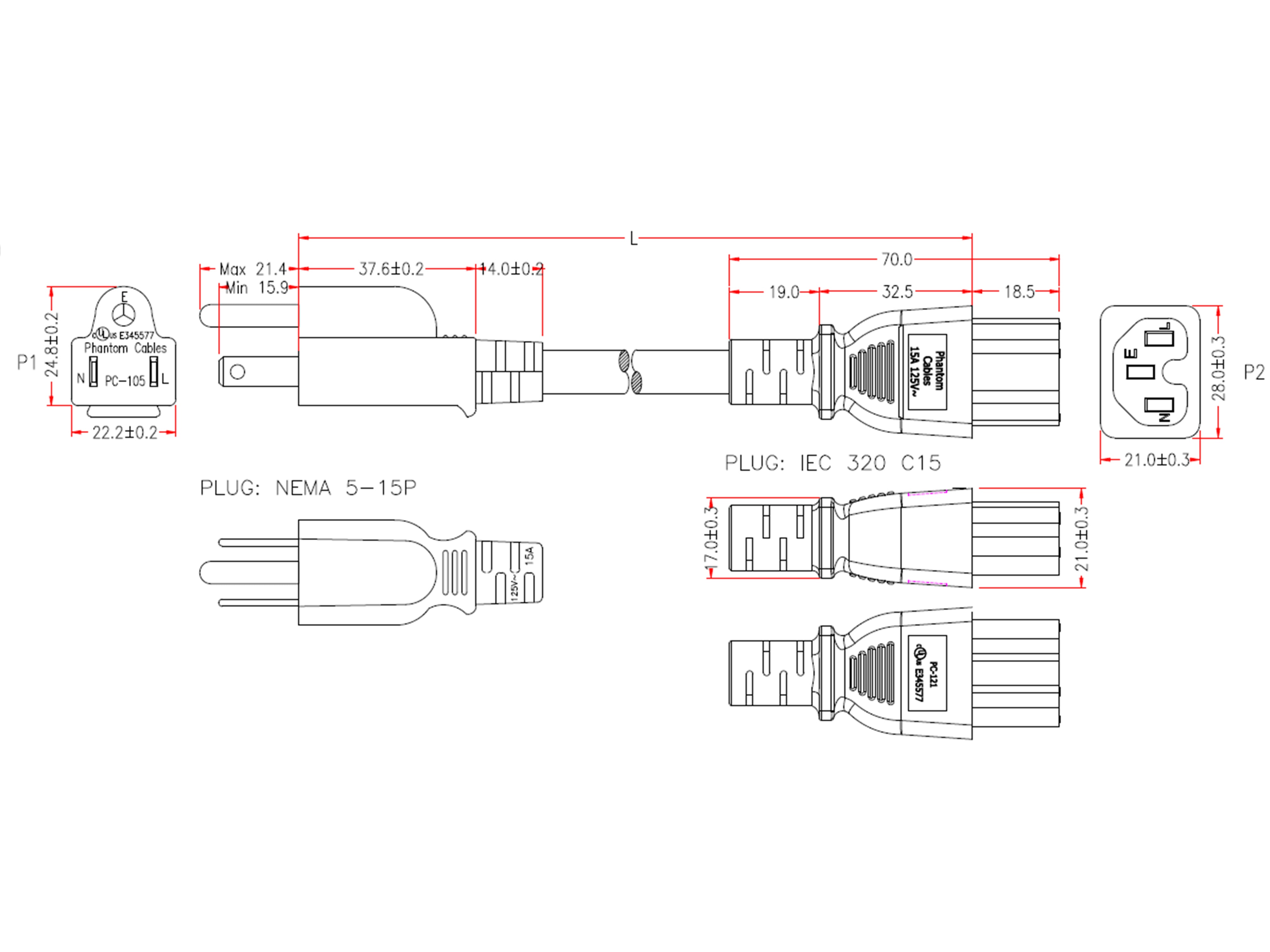 NEMA 5-15P to IEC C15 Power Cable - SJT Jacket – Generic – AC Power Cords (photo 2)