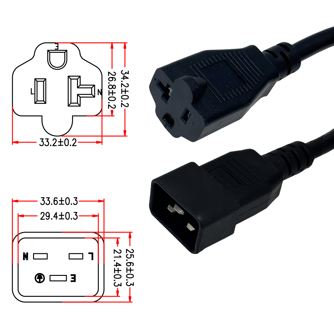 1ft NEMA 5-15/20R to IEC C20 Power Cable - 14AWG - SJT Jacket (15A 125V) – Generic – AC Power Cords (photo 2)