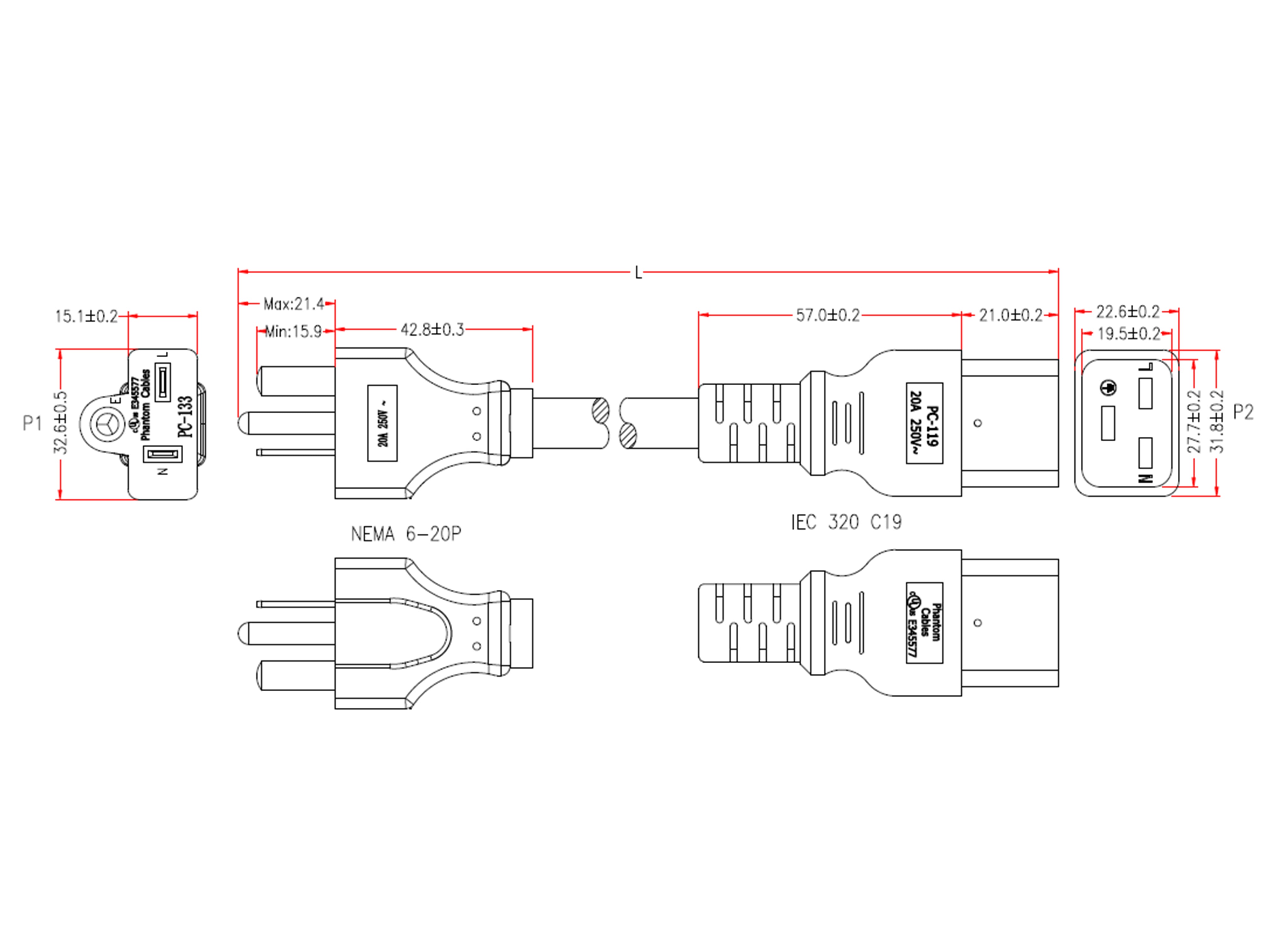 NEMA 6-20P to IEC C13 Power Cable - SJT Jacket – Generic – AC Power Cords (photo 2)