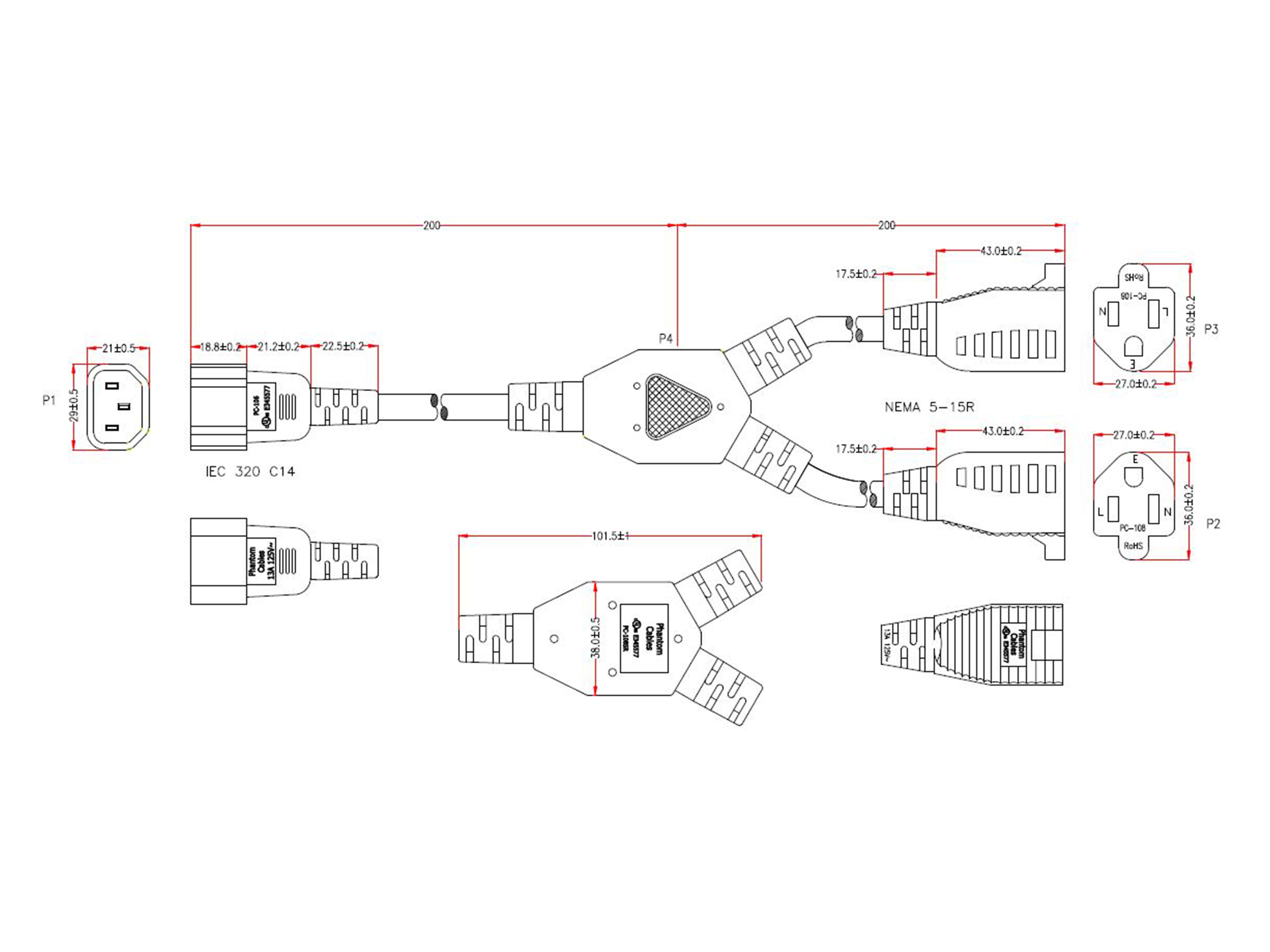 1ft IEC C14 to 2x NEMA 5-15R Power Splitter Cable - 16AWG (13A 125V) - SJT – Generic – Splitter Power Cords (photo 3)