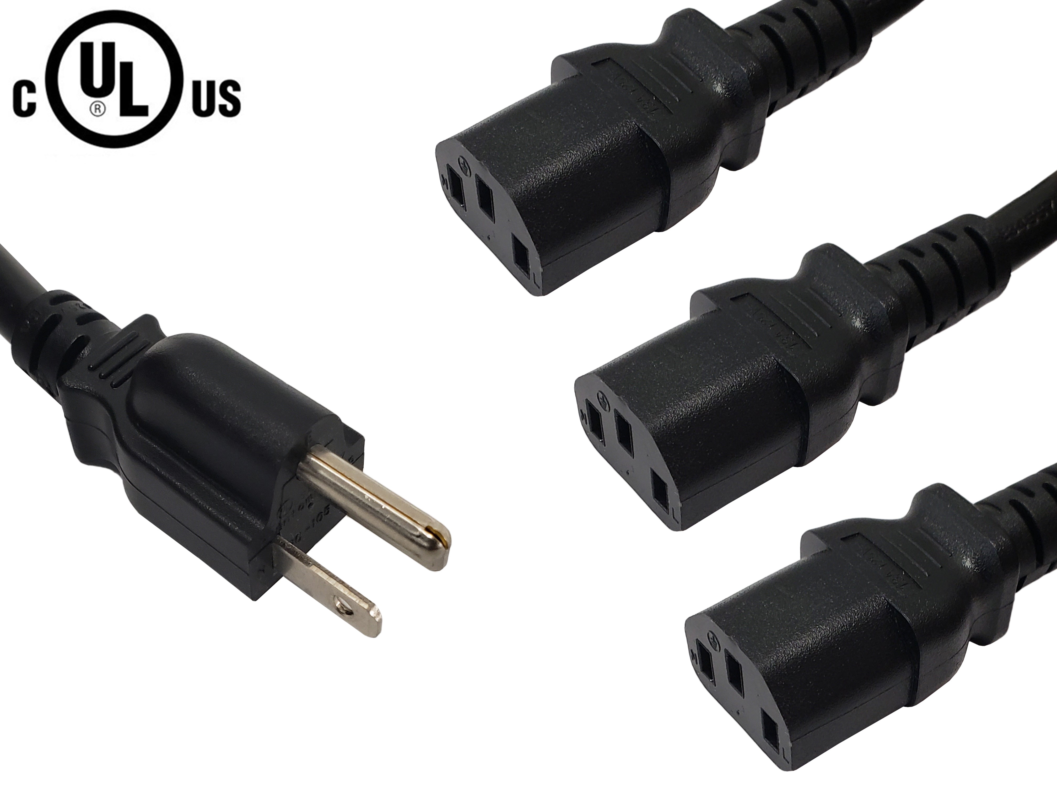 NEMA 5-15P to 3x IEC C13 Power Splitter Cable - 16AWG (13A 125V) - SJT – Generic