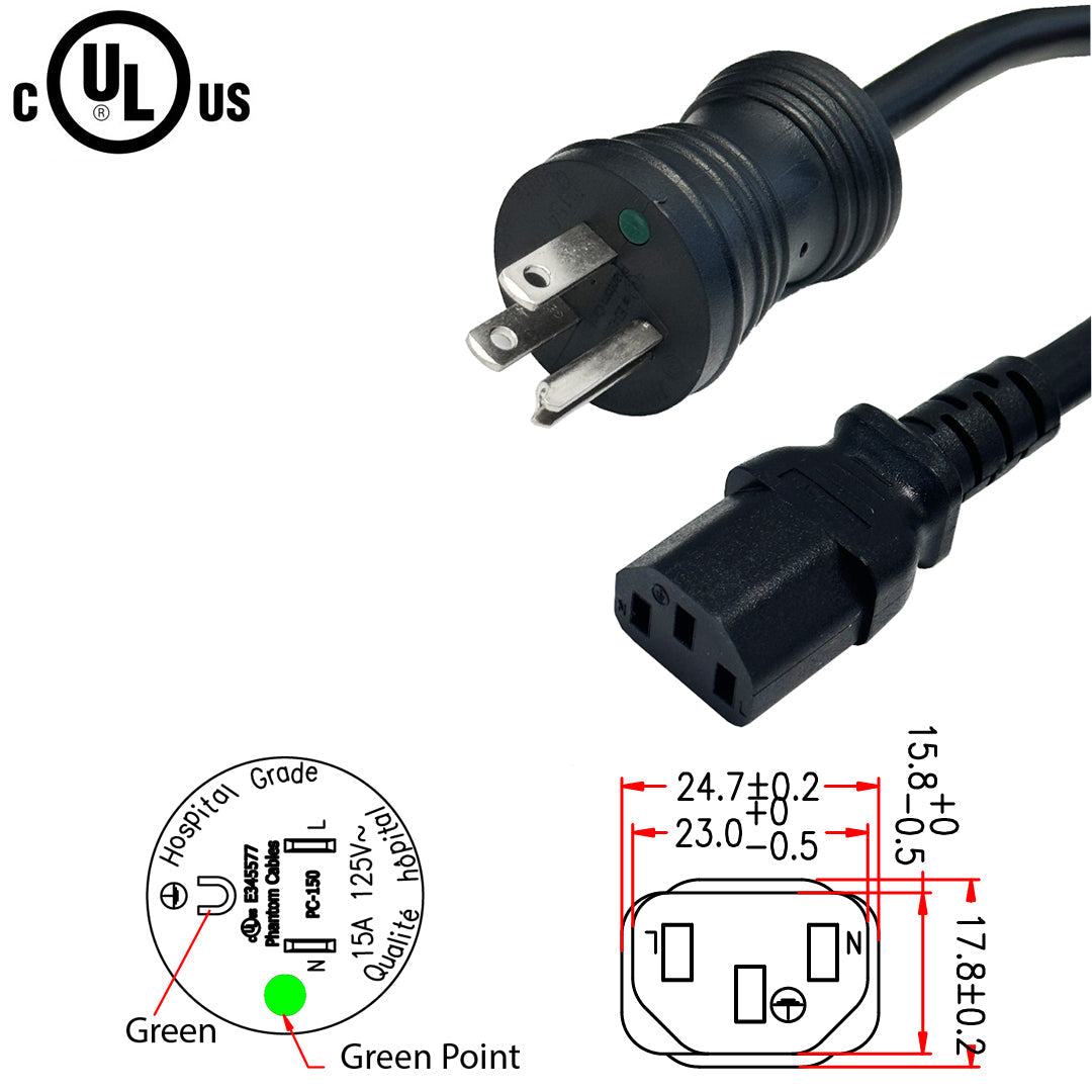 Hospital Grade 5-15P to C13Power Cable - 14AWG - SJT (15A/125V) – Generic – Hospital Grade Power Cords (photo 2)