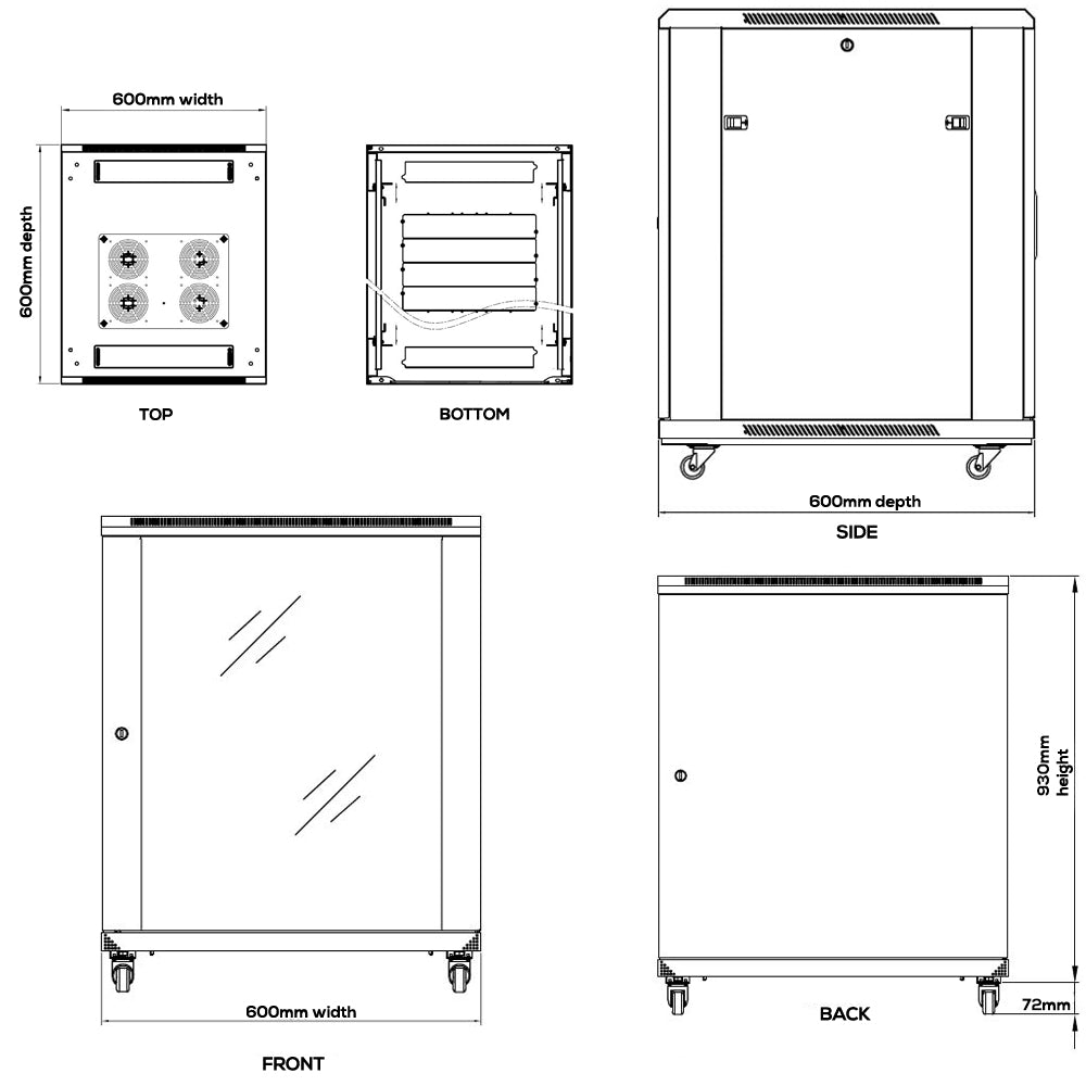 18U A/V and Networking Cabinet - Pre-Loaded with Fan Top, 3 Shelves & Blank Panels - Tapped Rails - Black – Generic – AV and Server Cabinets (photo 4)