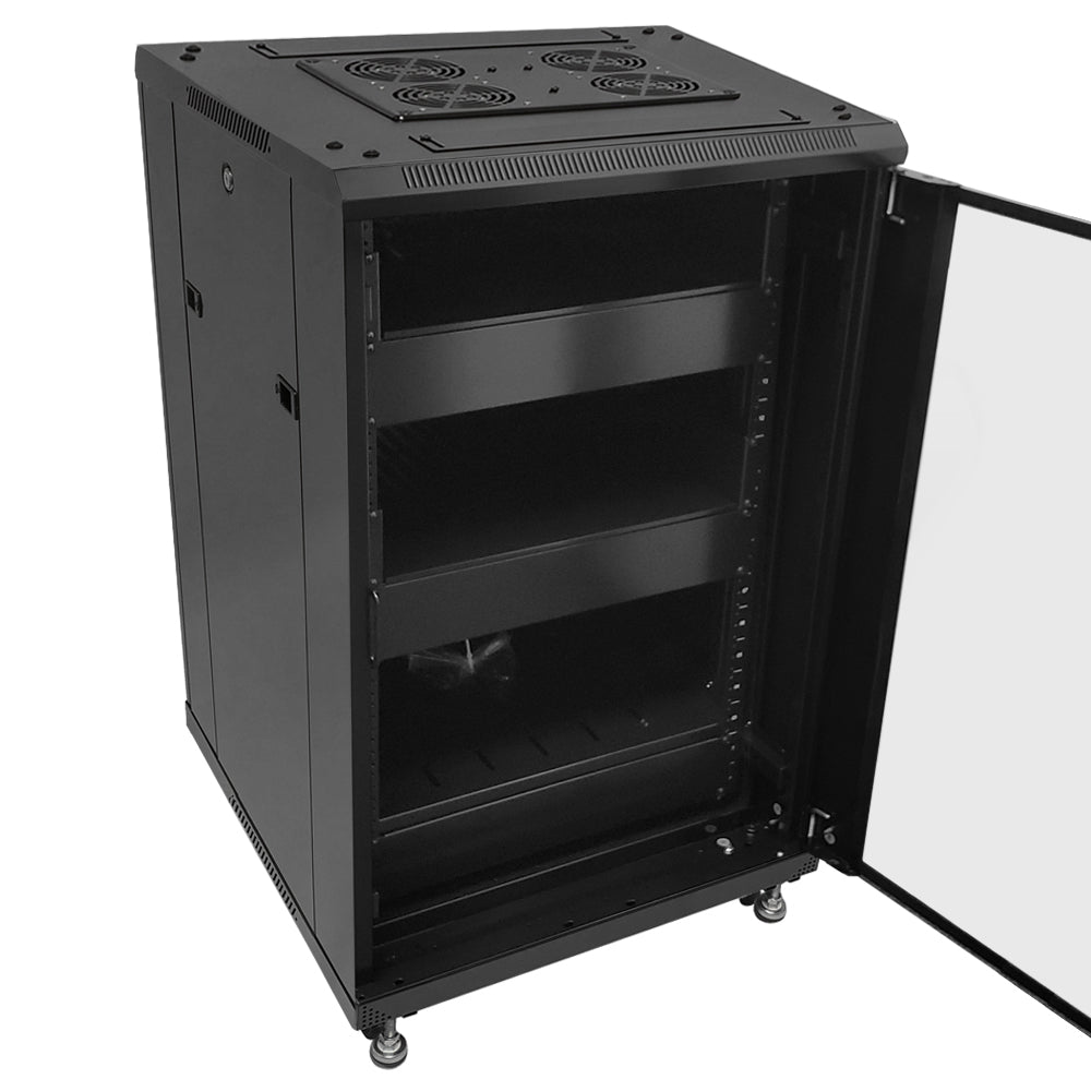 18U A/V and Networking Cabinet - Pre-Loaded with Fan Top, 3 Shelves & Blank Panels - Tapped Rails - Black – Generic – AV and Server Cabinets (photo 2)