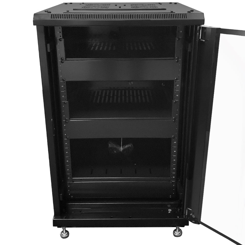 18U A/V and Networking Cabinet - Pre-Loaded with Fan Top, 3 Shelves & Blank Panels - Tapped Rails - Black – Generic – AV and Server Cabinets (photo 3)