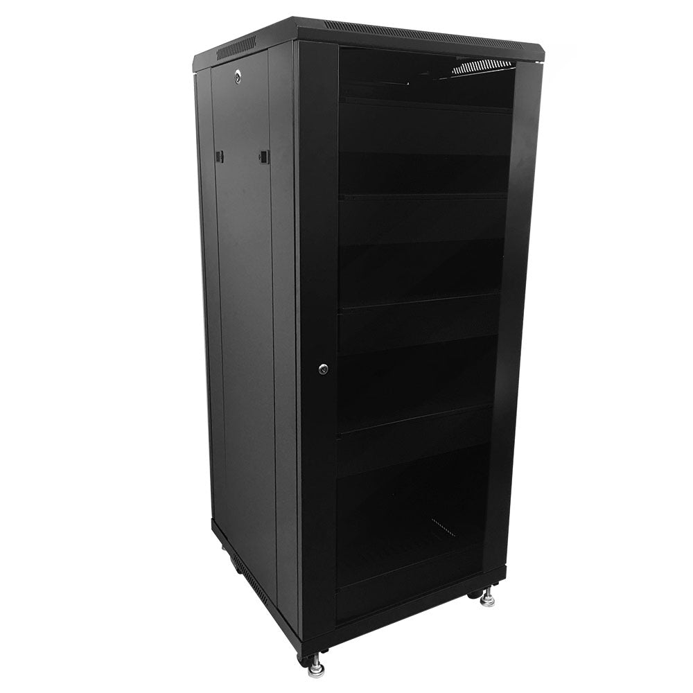 27U A/V and Networking Cabinet - Pre-Loaded with Fan Top, 5 Shelves & Blank Panels - Tapped Rails - Black – Generic