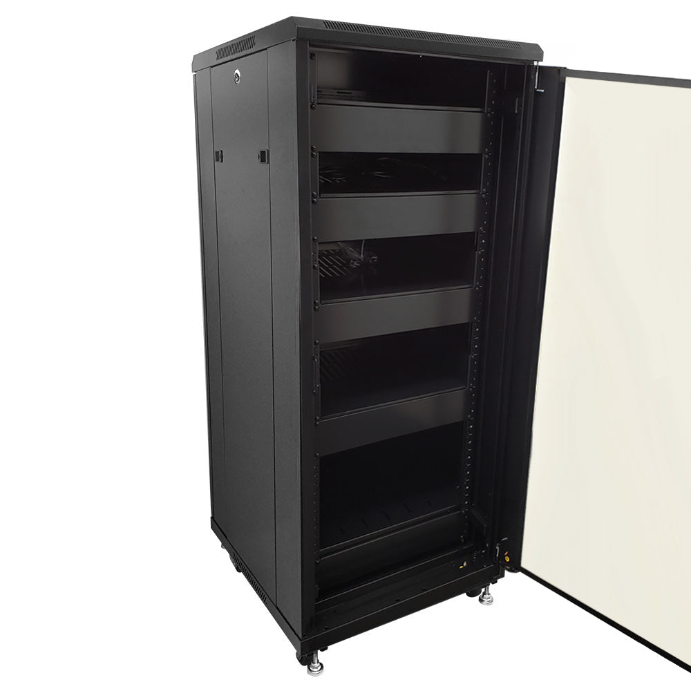 27U A/V and Networking Cabinet - Pre-Loaded with Fan Top, 5 Shelves & Blank Panels - Tapped Rails - Black – Generic – AV and Server Cabinets (photo 2)