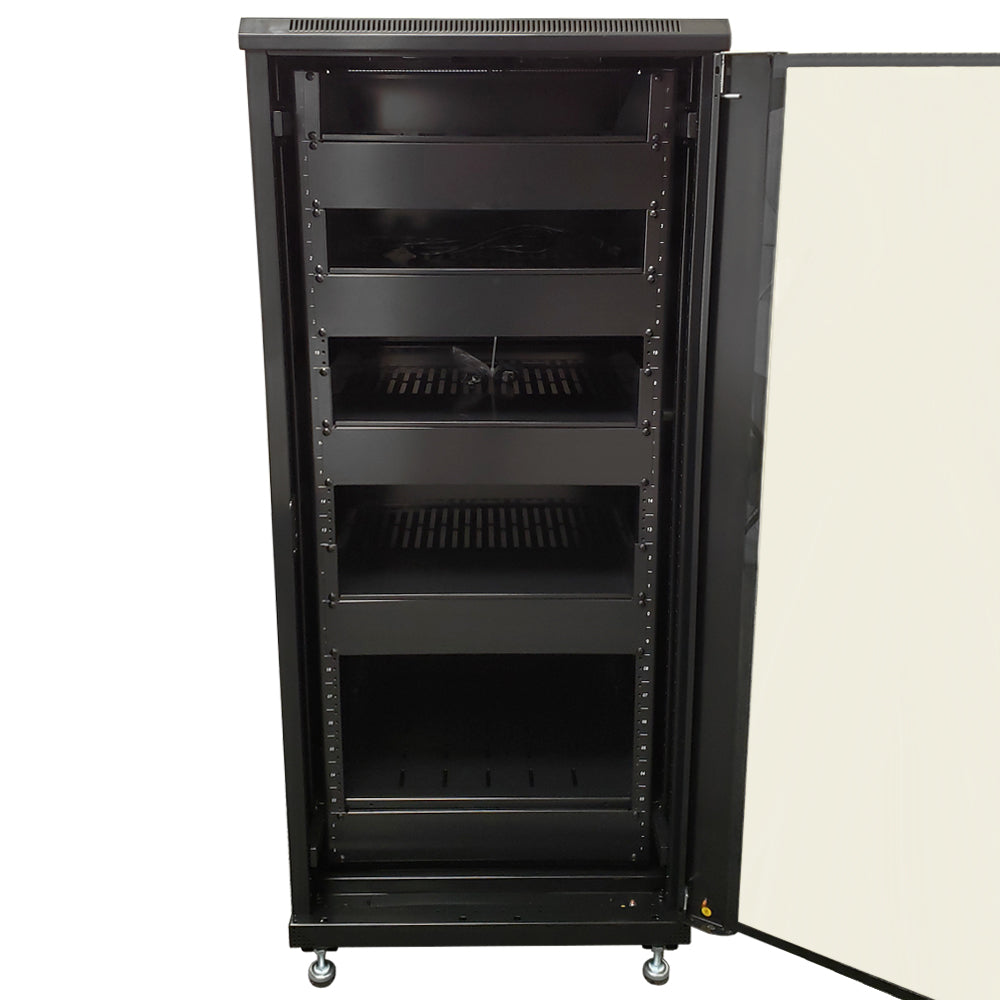 27U A/V and Networking Cabinet - Pre-Loaded with Fan Top, 5 Shelves & Blank Panels - Tapped Rails - Black – Generic – AV and Server Cabinets (photo 3)