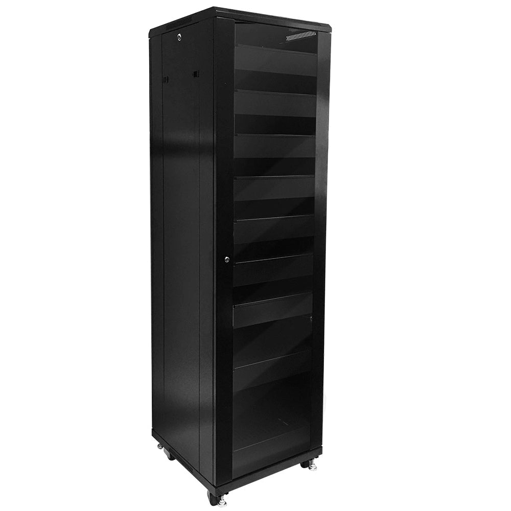 42U A/V and Networking Cabinet - Pre-Loaded with Fan Top, 9 Shelves & Blank Panels - Tapped Rails - Black – Generic