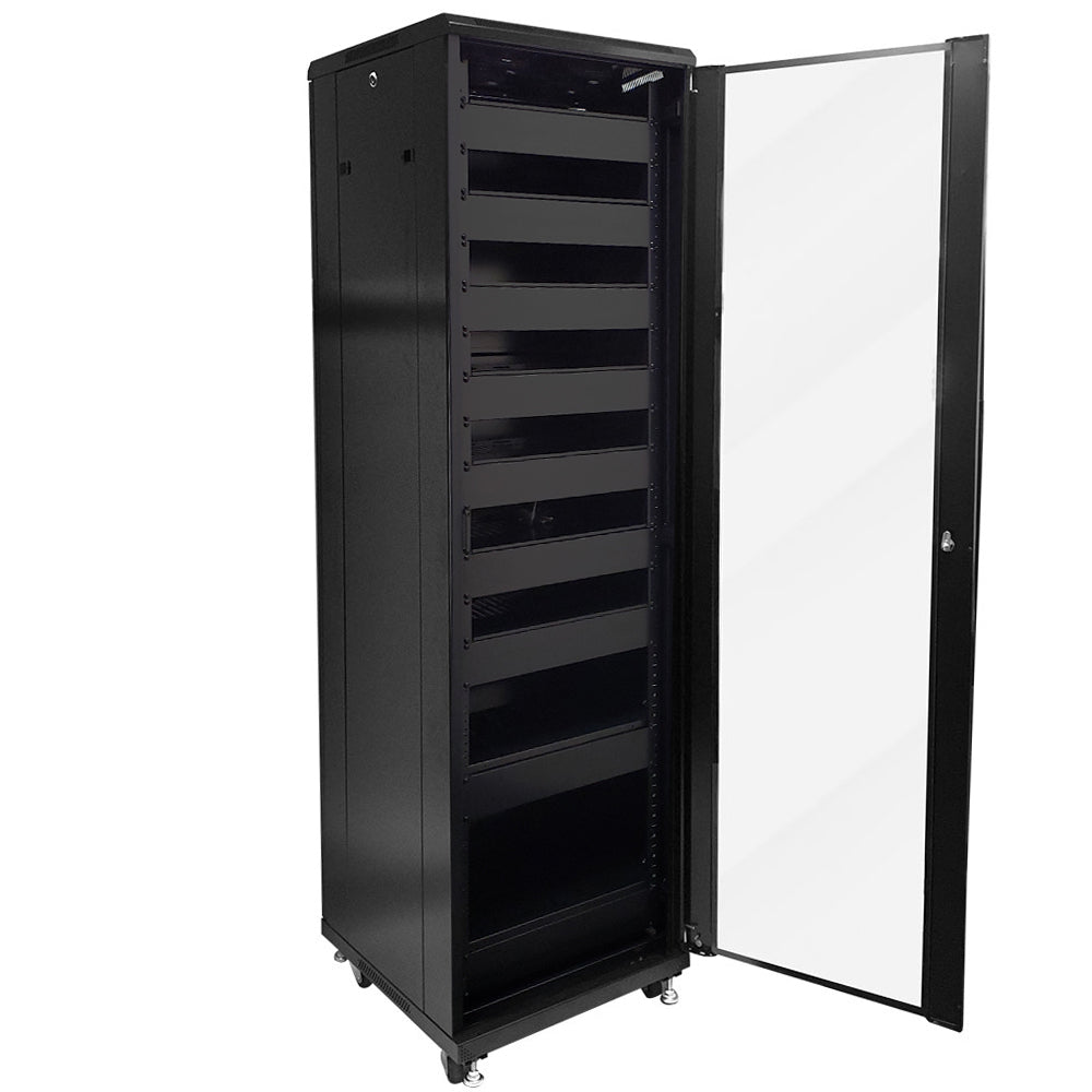 42U A/V and Networking Cabinet - Pre-Loaded with Fan Top, 9 Shelves & Blank Panels - Tapped Rails - Black – Generic – AV and Server Cabinets (photo 2)