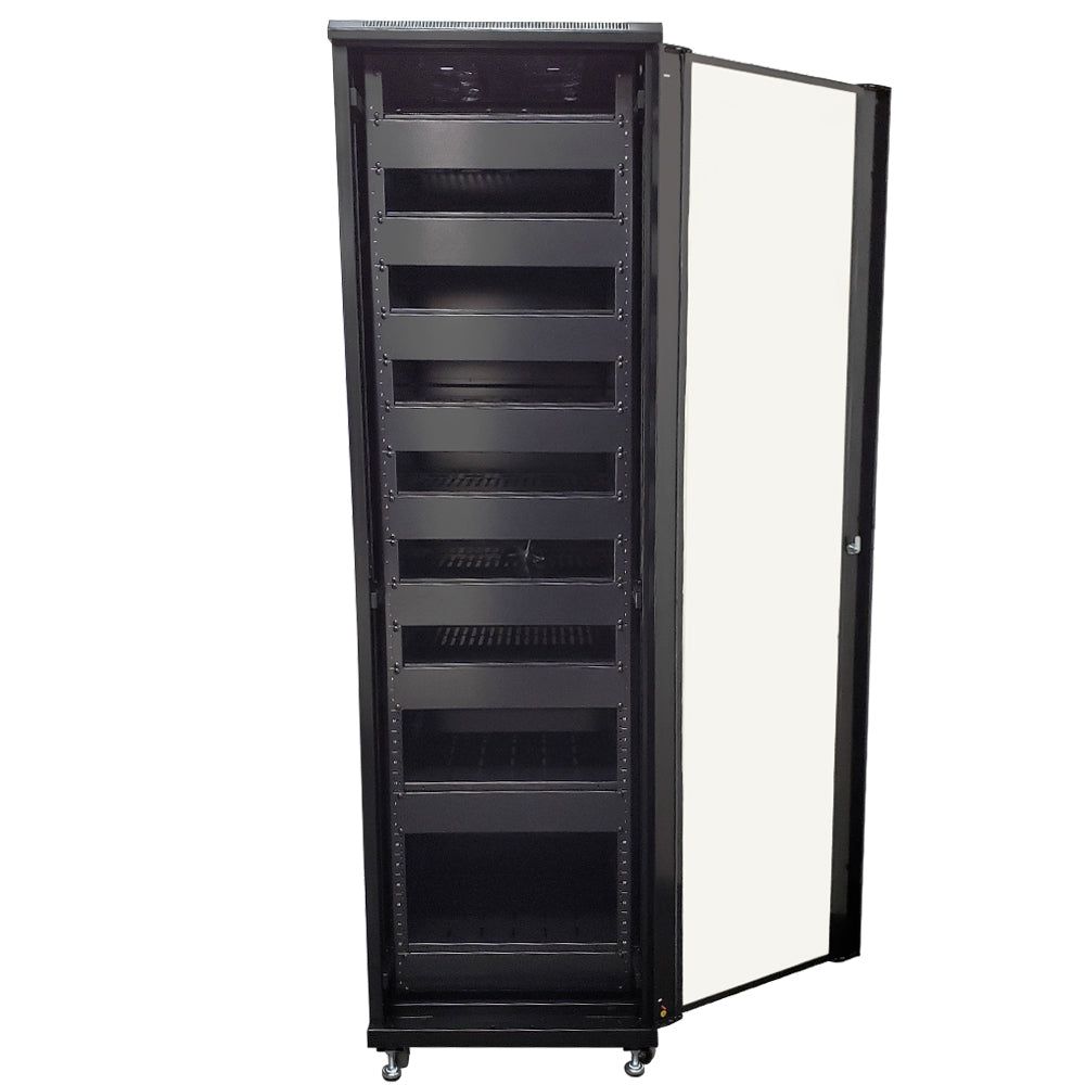 42U A/V and Networking Cabinet - Pre-Loaded with Fan Top, 9 Shelves & Blank Panels - Tapped Rails - Black – Generic – AV and Server Cabinets (photo 3)