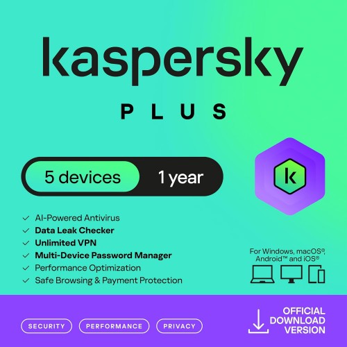Kaspersky Plus 5-Device - 1 year with unlimited VPN retail box, PC/Mac/Android, English/French (Bilingual) – Anti-Virus & Security