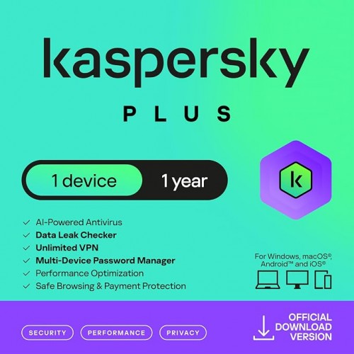 Kaspersky Plus 1-Device 1-Year with Unlimited VPN BIL PC/Mac/Android, English/French (Bilingual) – Anti-Virus & Security