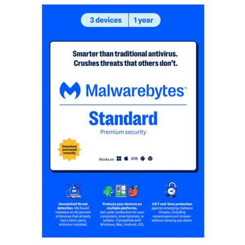 Malwarebytes Premium V3 3-device 1-YEAR Bilingual (En/Fr) Retail Package Product Key Card (PC/MAC/Android) – Anti-Virus & Security