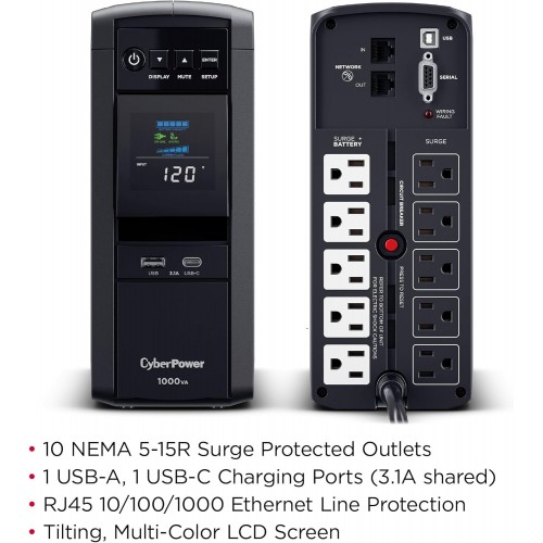 CyberPower 1000VA/600W UPS Systems CP1000PFCLCD Mini-Tower 10-Outlets New – Cyber Power (photo 2)