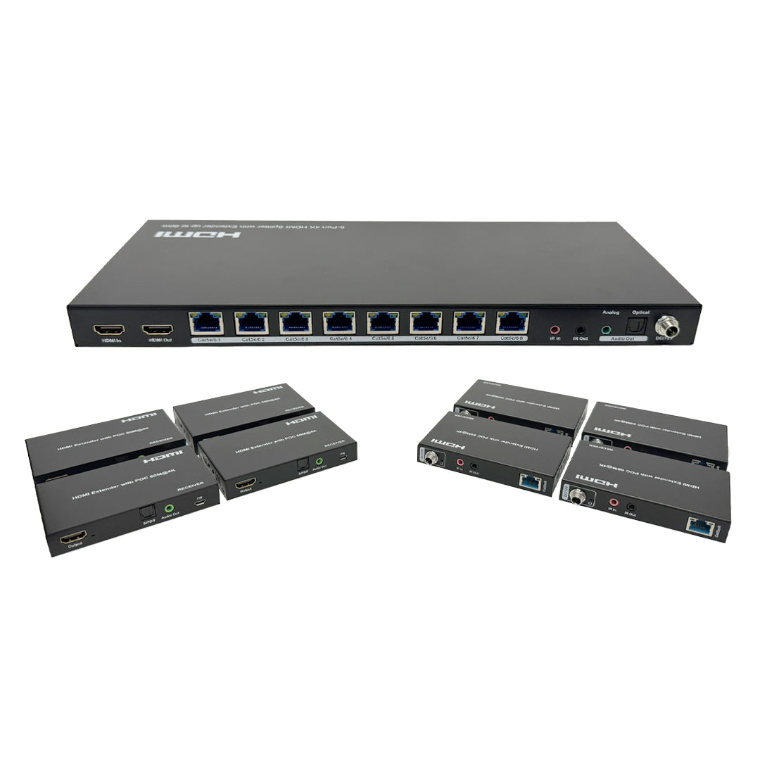 1x8 HDMI Splitter Extender - 60m (4K 60Hz 4:4:4) with Loop out & Receivers – Generic